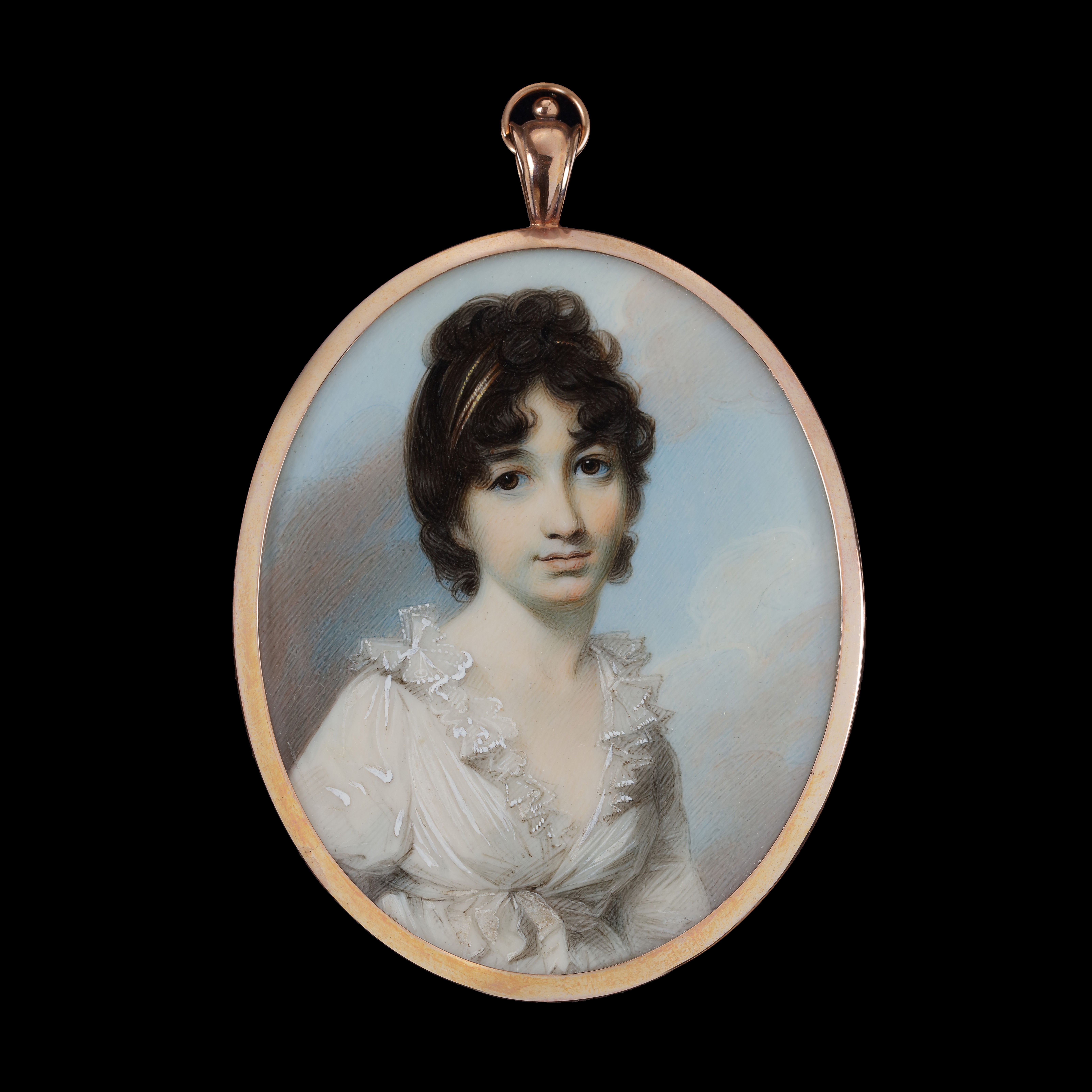 Portrait miniature of a young Lady, possibly a member of the Gordon family, wearing a white dress with a frilled collar and a white sash tied at the high waist; a gold bandeau in her dark brown hair
